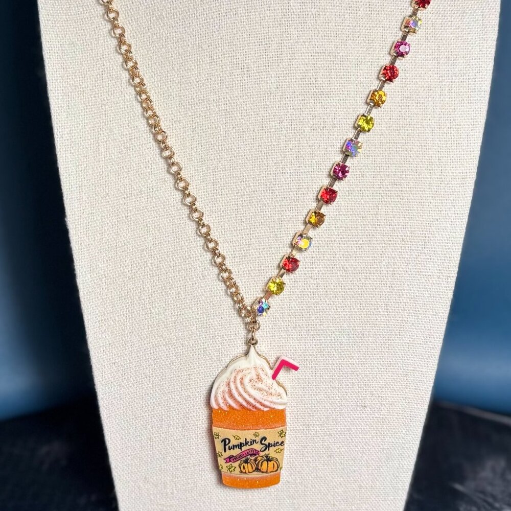 Betsey Johnson Pumpkin Spice Latte Gold Tone & Rhinestone Necklace